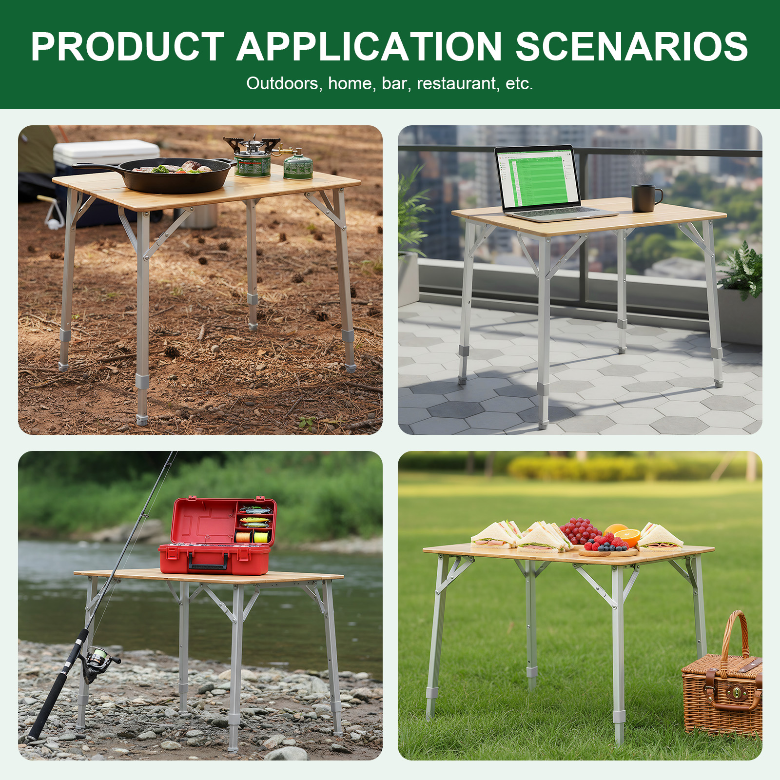 Outdoor Camping Cooking Table - Adjustable Height Bamboo Folding Table with