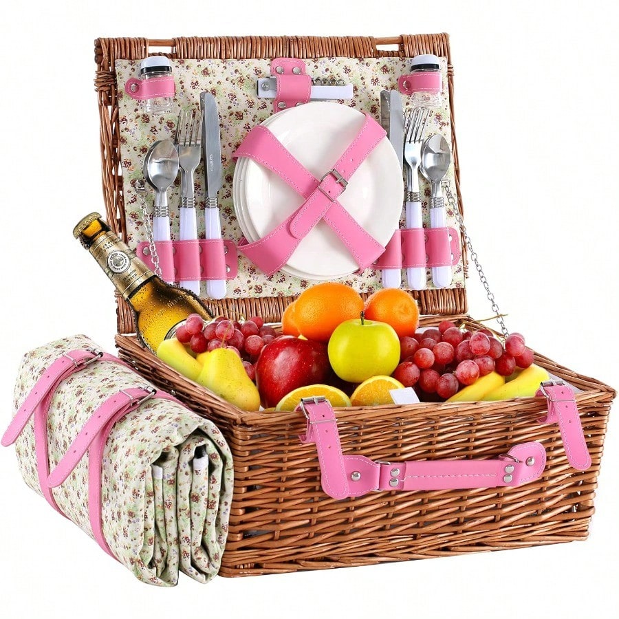 Wicker Picnic Basket For 4 Wit - đánh giá và giá Outdoor Camping Blanket
