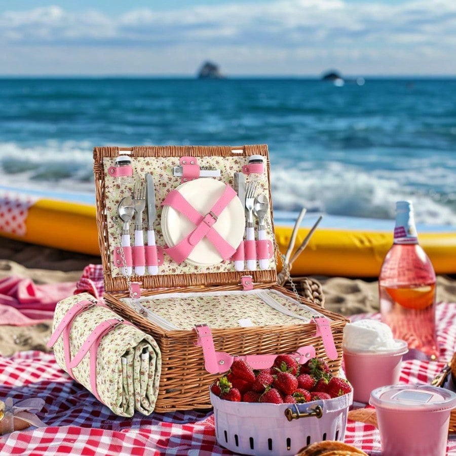 Wicker Picnic Basket For 4 Wit - đánh giá và giá Outdoor Camping Blanket