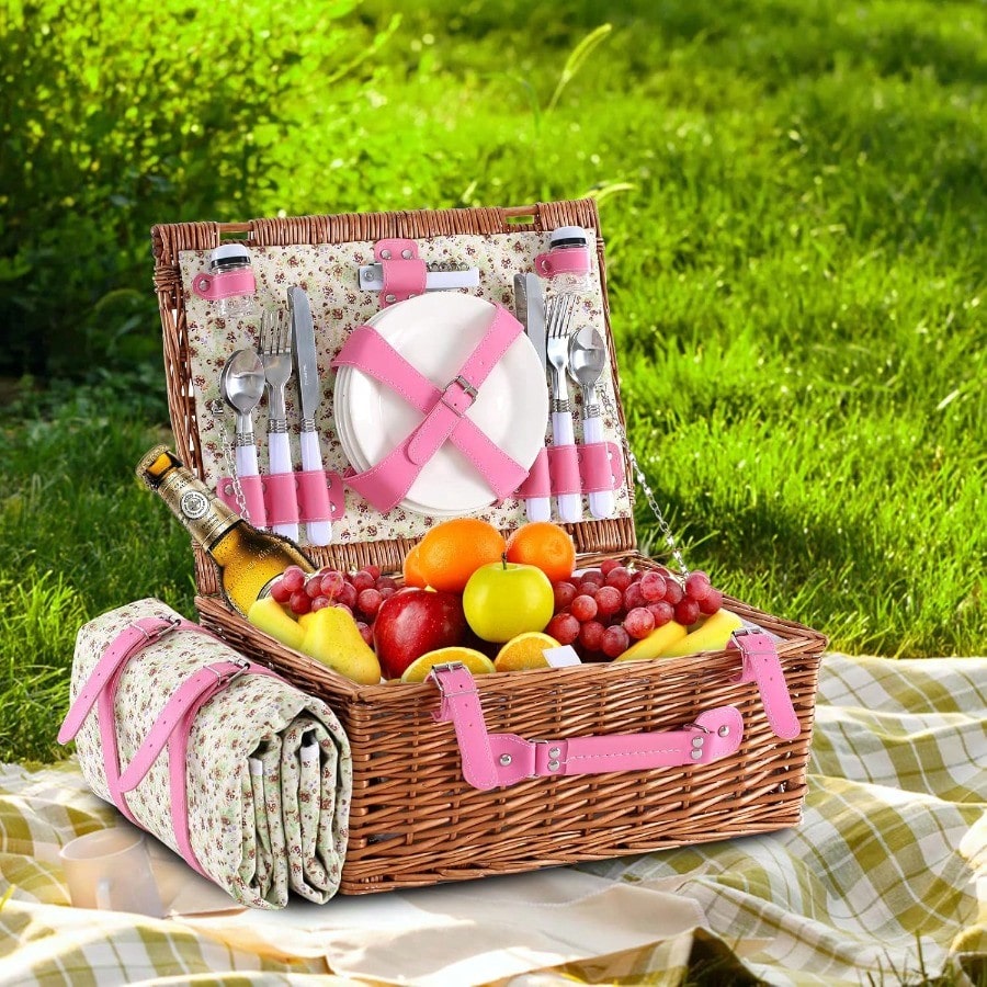 Wicker Picnic Basket For 4 Wit - đánh giá và giá Outdoor Camping Blanket